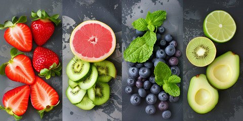 healthy food montage on black background with vegetables and fruits like avocado blueberry strawberry mint leaf kiwi grapefruit - obrazy, fototapety, plakaty