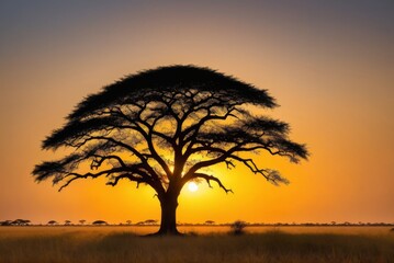 a lone tree against the vibrant hues of an African savanna sunset by ai generated