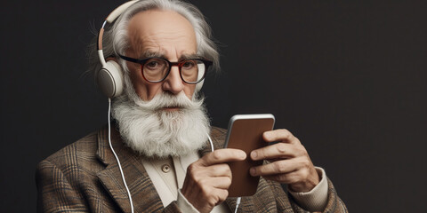Elegant Old man with big whiter beard and mustache using his smart phone