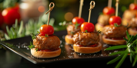 Meatball apetizers on a party table with baguette slice sandwich stick