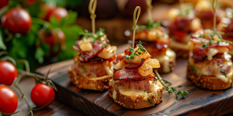 Little appetizers on toothpick with toast disk and bacon and yellow tomato gourmet bites