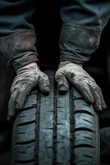 Fototapeta na wymiar Car tire fitter and hands on tire