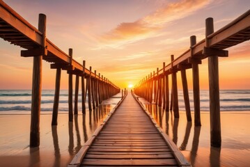 Fototapeta premium Close-up captures weathered wooden bridge planks at sunset by ai generated