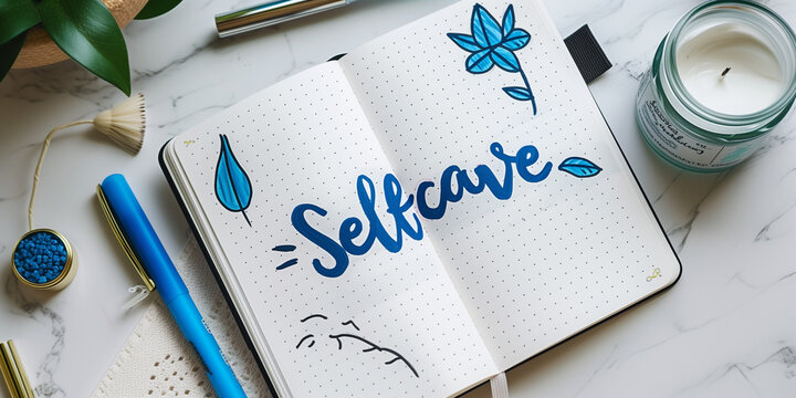 Bullet journal with selfcare titlle betweencandle and litle plants on the office desk