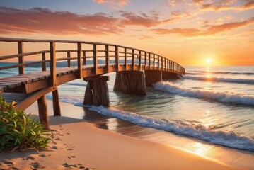 Obraz premium Close-up captures weathered wooden bridge planks at sunset by ai generated