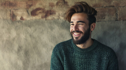 Retrato de um jovem bonito com um suéter verde sorrindo. - obrazy, fototapety, plakaty