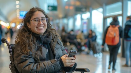 Woman with a disability smiling at airport ready for travel. - obrazy, fototapety, plakaty