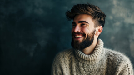 Homem barbudo bonito de suéter sorrindo