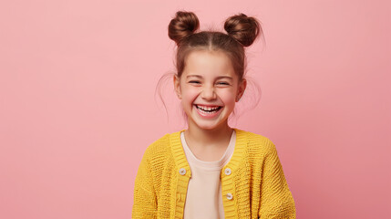 Retrato de uma menina sorridente com um suéter amarelo sobre um fundo rosa. - obrazy, fototapety, plakaty