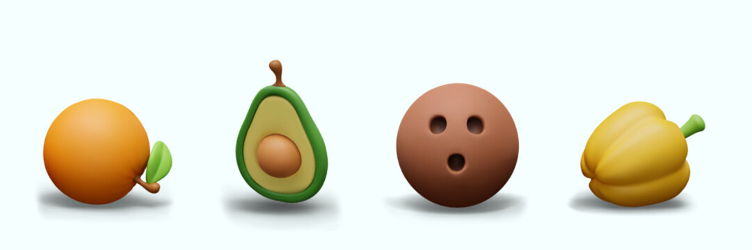 3D orange, avocado, coconut, yellow bell pepper in plasticine style