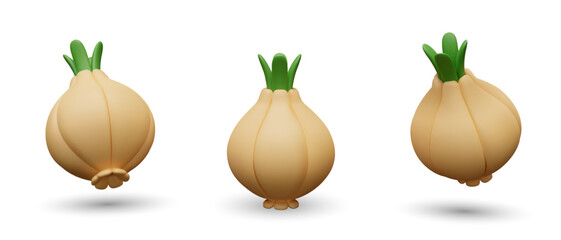 3D bulb in cartoon style. Onion with green leaves. Vegetable ingredient
