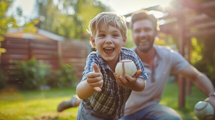 Father and son enjoy a playful baseball game in their garden at sunset.