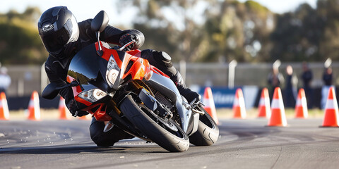 Motorcycle training with cones on the racetrack