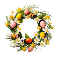 Easter wreath with mixed spring flowers and pastel eggs isolated on a transparent bavkground