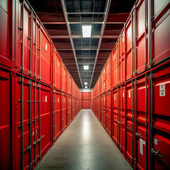 Fototapeta premium Distribution center with box packaging on shelves. Warehouse with packaged goods. Ai art