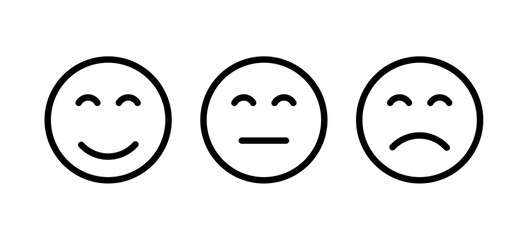 Happy, neutral and sad emoji icon client expression. Happy smiley rating satisfaction vector emoji client customer opinion.