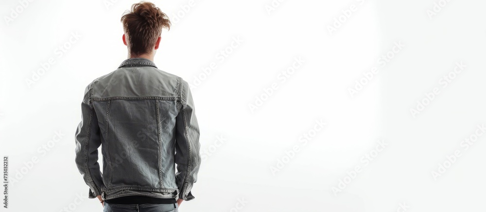 Poster a man wearing a denim jacket is standing casually in front of a white wall, his sleeves rolled up. h