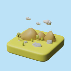 Landscape with green grass, trees, sky horizon and Mountains. Nature concept. Realistic 3d object cartoon style.