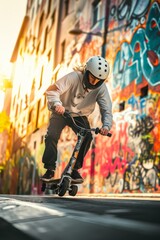 A scooter rider mid-air performing a trick against a colorful graffiti wall.