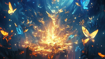 abstract illustration of Ethereal butterflies dancing around a magical bonfire