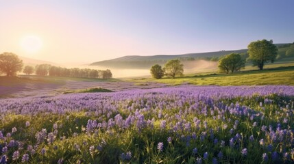 Fototapeta premium landscape sunrise view on the meadow in spring
