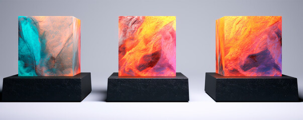 Sleek abstract sculptures with flowing lines and stark hues stand for equilibrium and unity. The pieces radiate a sense of calm within their bold, artistic contrasts.