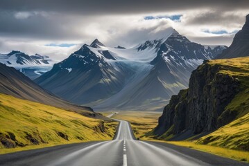 Skaftafell National Park's winding road, unveiling rugged beauty with each bend towards towering mountains by ai generated