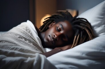 Multiracial boy-child sleeping on pillow.african american man with dreadlocks closed his eyes,sweet teen dream
