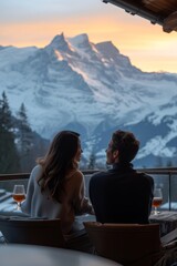 Fototapeta premium Couple enjoying a serene moment with mountain views at twilight, symbolizing a perfect escape.