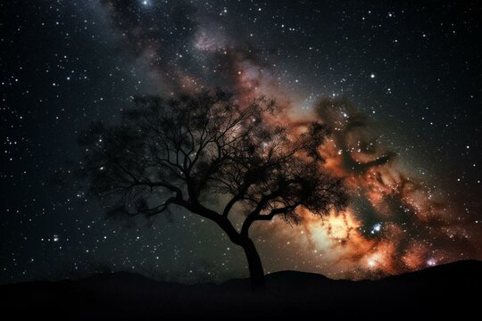 An image showing a darkened tree against a backdrop of stars and a luminous nebula. Generative AI