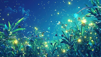 Fototapeta na wymiar abstract illustration of Luminous fireflies illuminating a moonlit meadow