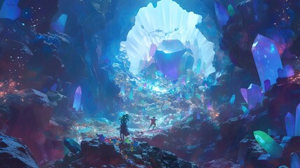 abstract illustration of Mischievous pixies playing games with shimmering crystals in a secret cave - obrazy, fototapety, plakaty
