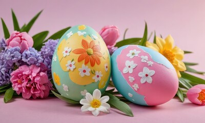 Obraz na płótnie Canvas Springtime Spectacle: Vibrant Eggs Amid Pastel Blooms
