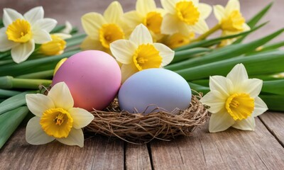 Fototapeta na wymiar Pastel Celebration: Eggs and daffodils Flowers Unite for Easter Bliss