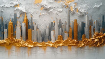 Generative AI, Grey and golden oil painted textured cityscape, impasto style, big city landscape 