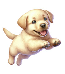 Cute playful Golden Retriever puppy in a jump. Watercolor illustration on white background