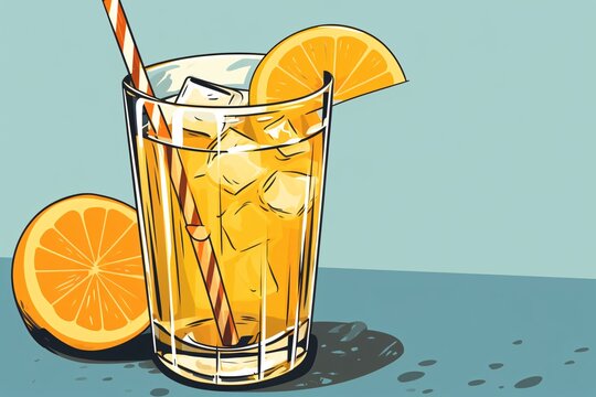 a glass of orange juice with a straw and orange slices