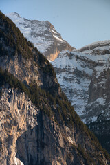 Fototapeta na wymiar Mountain panorama at the Swiss Alps a winter from mountain village Lauterbrunnen, Switzerland. 