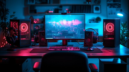 Naklejka premium Modern gaming setup with vibrant LED lighting, dual monitors, and high-end audio equipment.