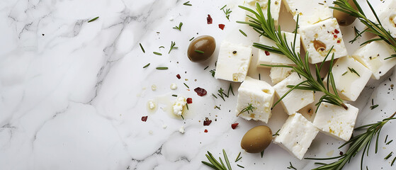 Sliced ​​goat feta cheese with rosemary and olives - obrazy, fototapety, plakaty