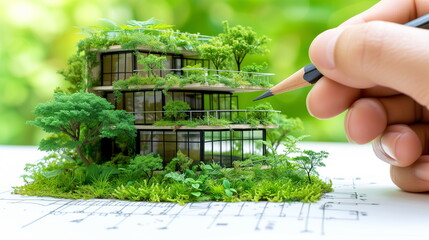 A miniature eco-friendly building model surrounded by lush greenery and trees.