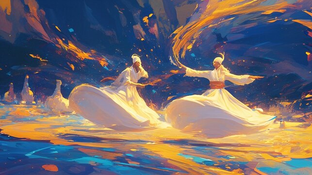 abstract illustration of Whirling dervishes twirling in a cosmic dance of liberation and joy