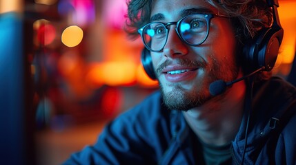 Technology, Gaming, Entertainment. Happy young man in glasses with headset playing and winning home computer game and streaming playback or tutorial video. - obrazy, fototapety, plakaty