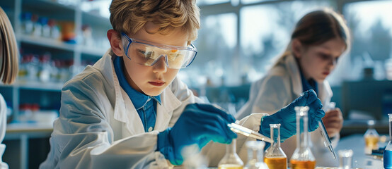 children studying science in school laboratory and conducting experiments - obrazy, fototapety, plakaty