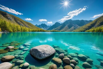 a serene lake, where smooth stones gleam beneath the clear turquoise waters by ai generated