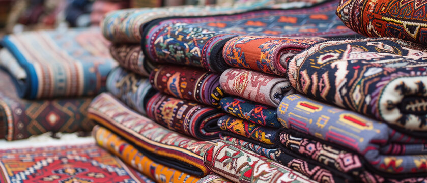 An assortment of stunning oriental rugs in a traditional Middle Eastern store.