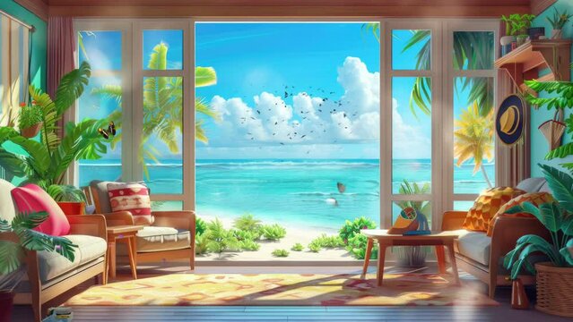beach resort in summer theme with blue sky background. Cartoon or anime watercolor digital painting illustration style. seamless looping 4k video animation background.