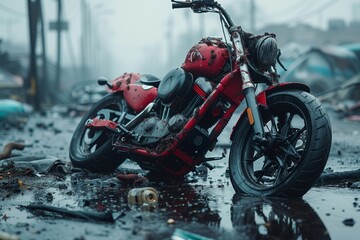 A red motorcycle with a visible wheel is parked in a water puddle