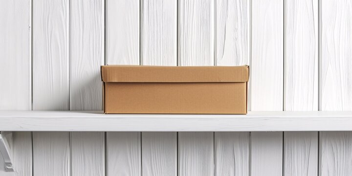 Box made of cardboard placed on a shelf made of white wood.