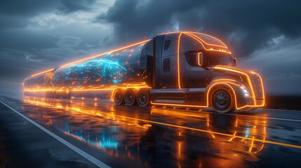 Futuristic semi truck with automotive lighting drives on wet highway at night